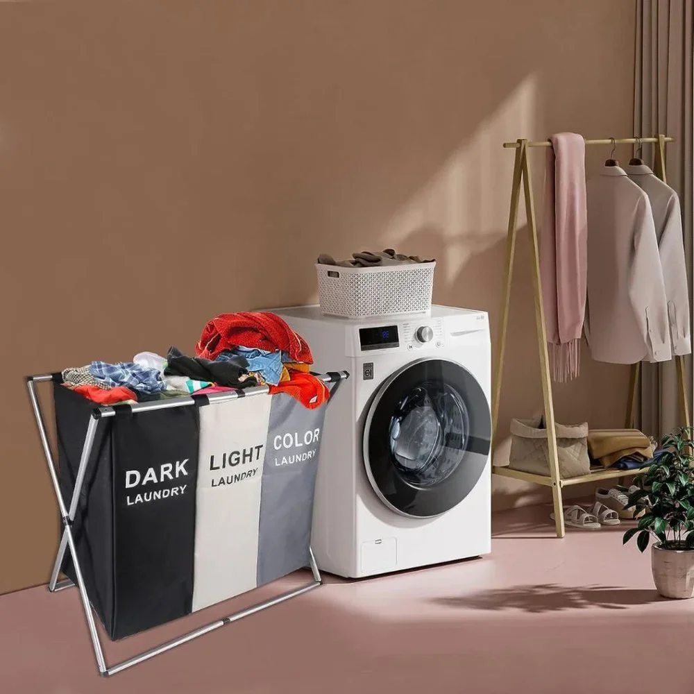 Laundry Cloth Hamper Sorter Basket Bag Bin Foldable 3 Sections Aluminum Frame